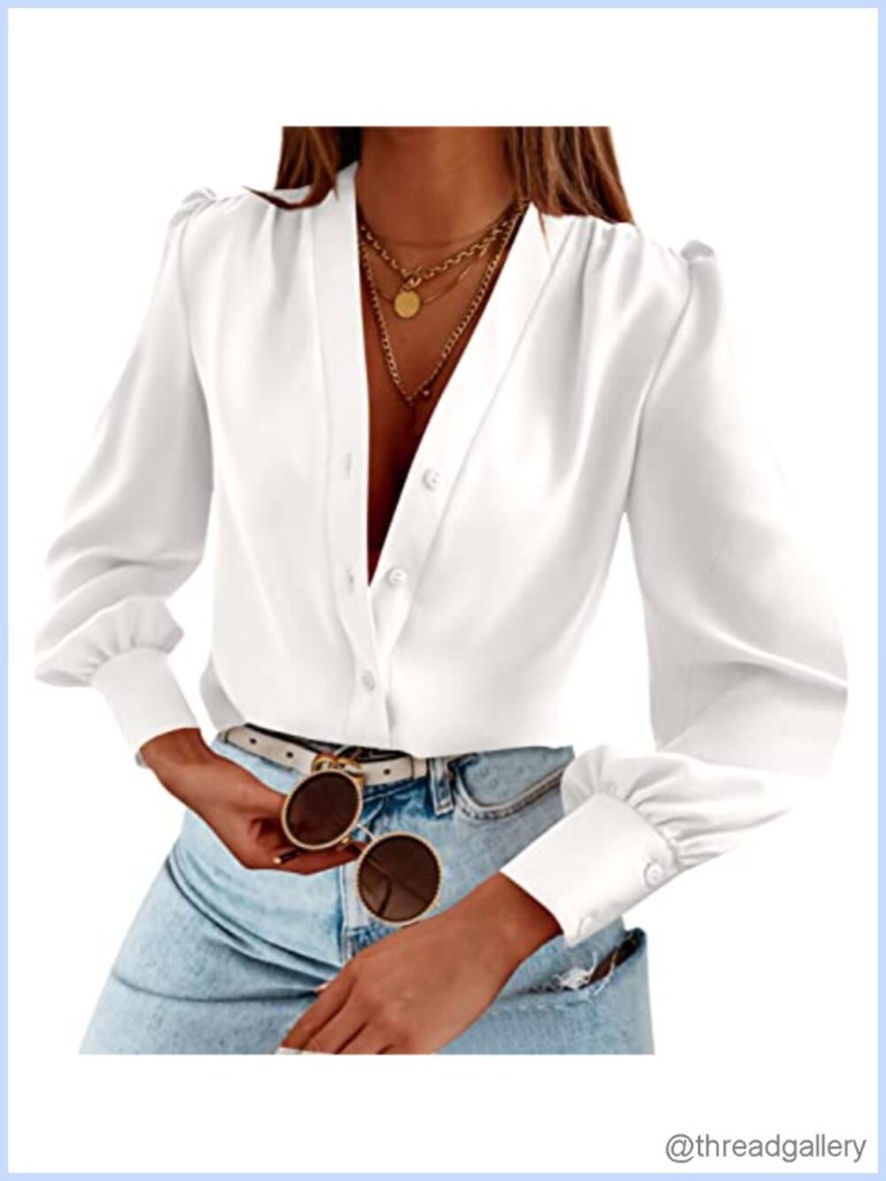 Women's Business Casual Long Sleeve Button Down V Neck Blouse